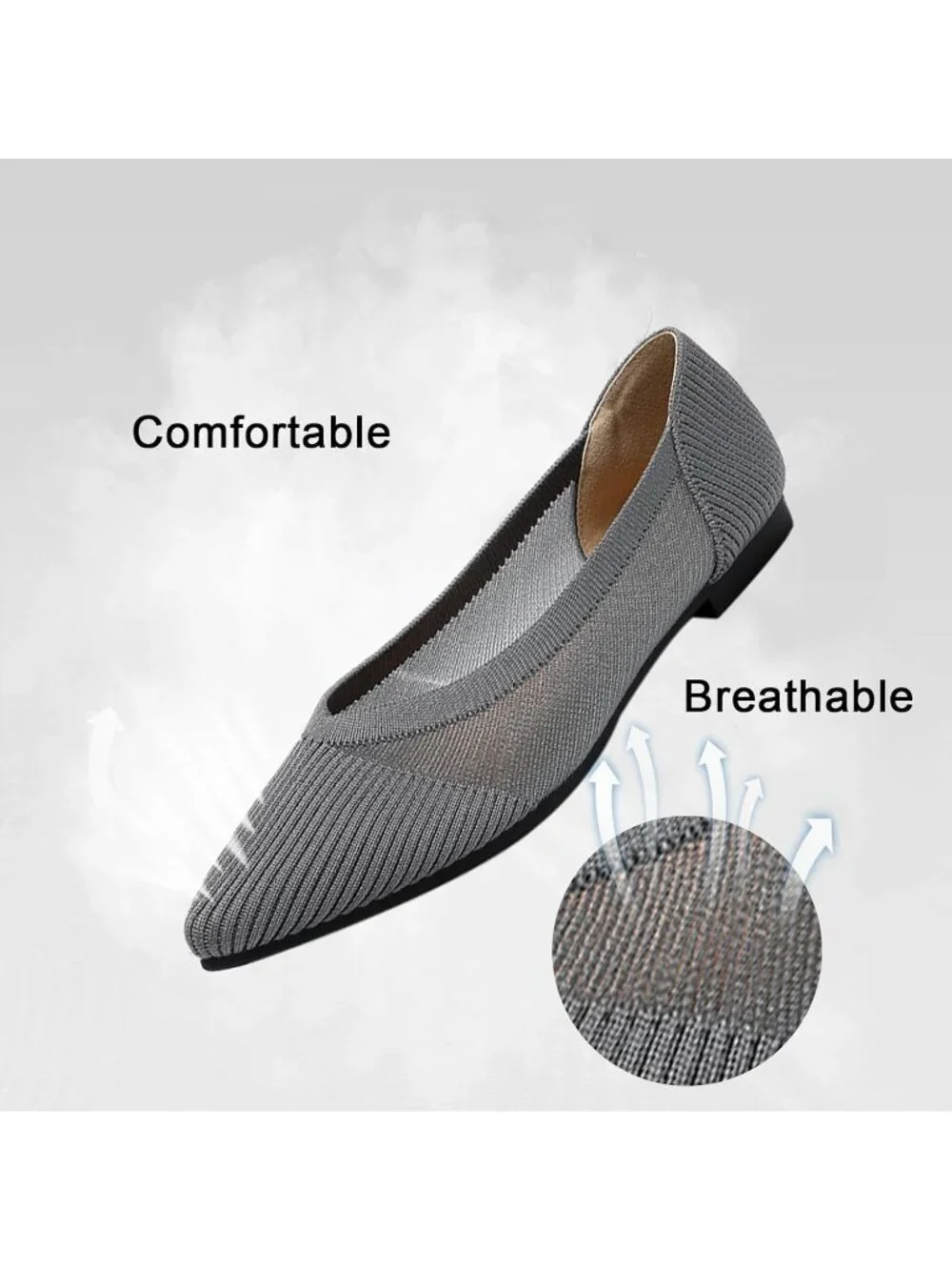 Women's Grey Flats Shoes Pointed Toe Knit Ballet Comfortable Dressy Mesh Flat